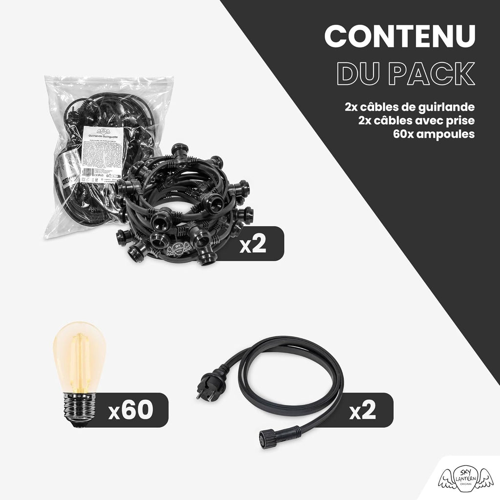 SKYLANTERN Guirlande Guinguette 20M 60 Bulbes Filament Ambré - Guirlande Lumineuse Ampoule E27 Ambrée - Guirlande Guinguette Led Filament rétro