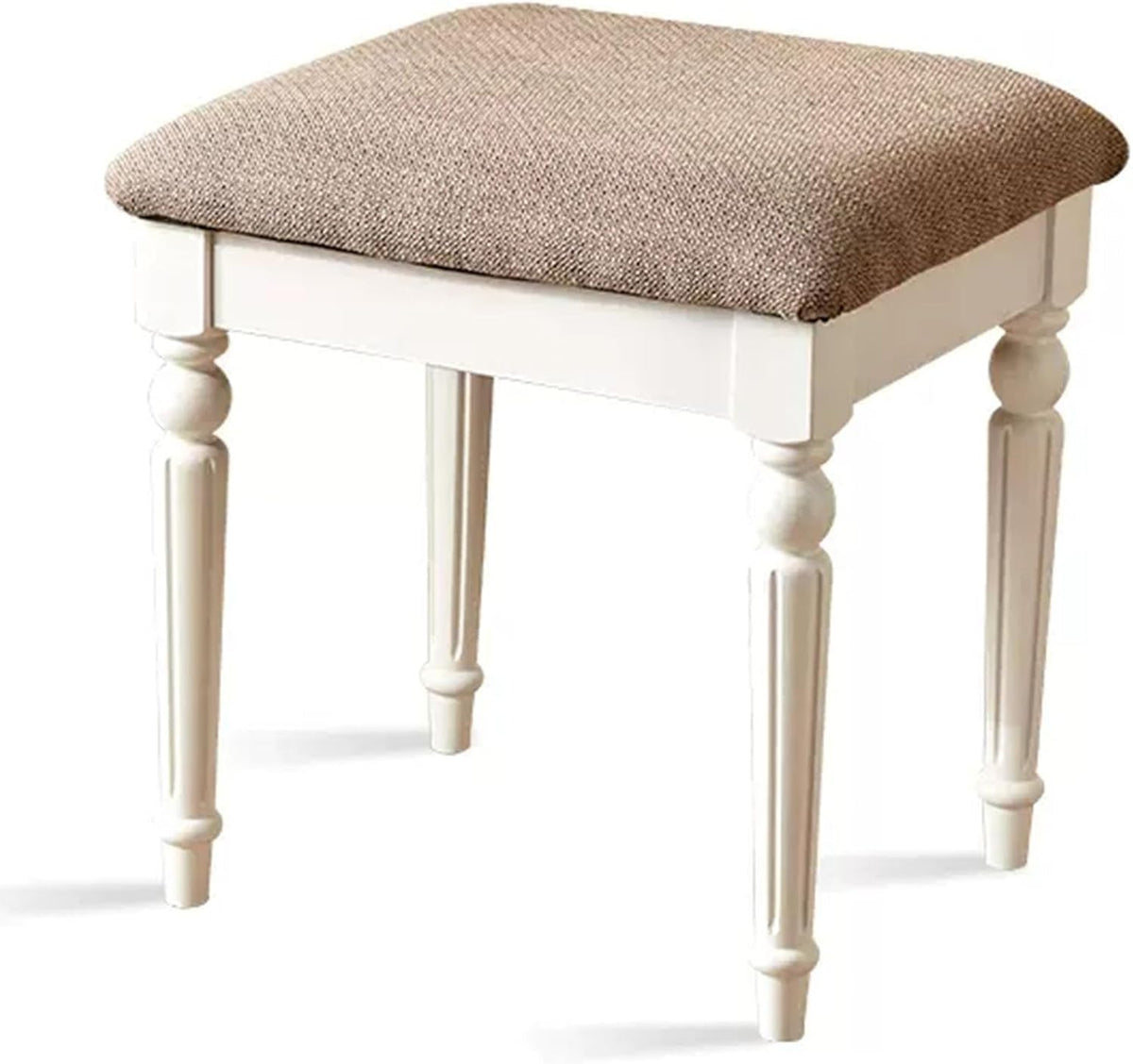 Tabouret de coiffeuse vintage avec siège rembourré élégant et pieds en bois massif, chaise de maquillage confortable pour femme, supporte jusqu'à 109 kg, couleur blanche