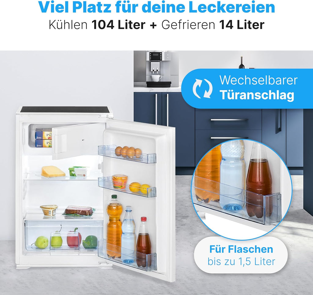 Bomann, Réfrigérateur et Congélateur Encastrable 118L Blanc KSE7810 - Réfrigérateur 104L, Congélateur 14L, Éclairage LED, Dégivrage Automatique, Contrôle Température, Idéal pour Petits Espaces