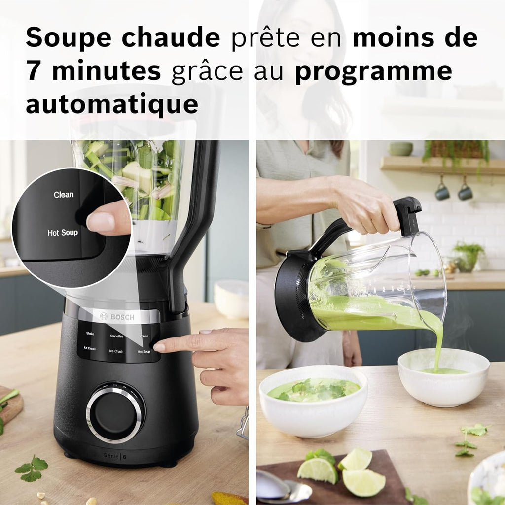 Bosch, VitaPower Série 6, blender haute performance, moteur 1800 watts, vitesse du moteur jusqu'à 45 000 tr/min, 6 programmes automatiques, bol résistant en tritan, noir, MMB6652B