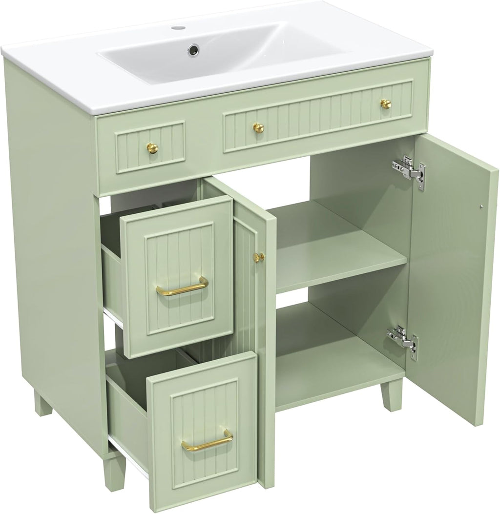 KOMHTOM Meuble de Salle de Bain avec, 2 Tiroirs, Poignée Métal et Étagère - 82 x 47 x 90cm Lavabo Simple Moderne - Armoire de Rangement en Bois (Vert)