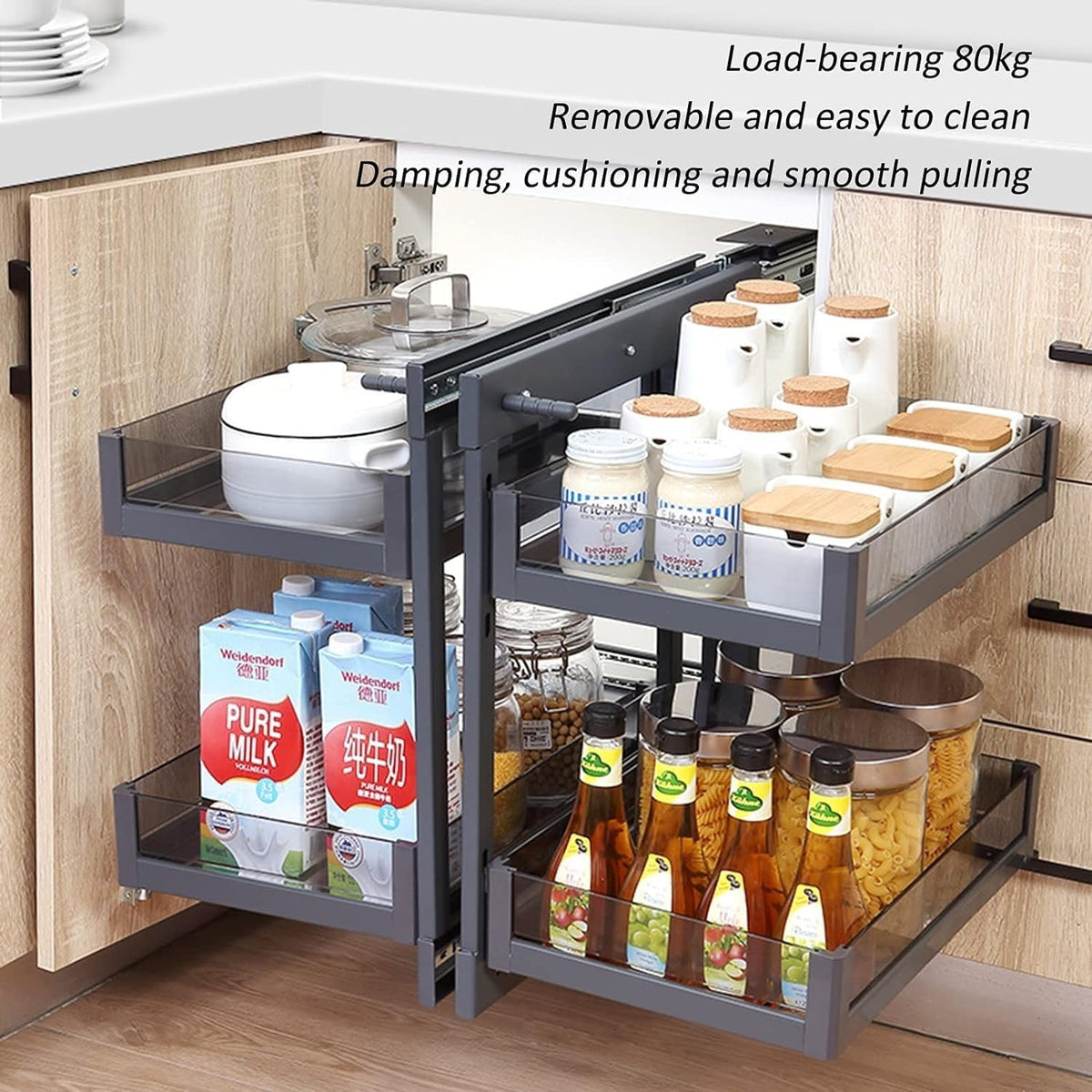Armoire de cuisine d'angle aveugle, armoire de cuisine d'angle extensible, étagère de rangement, organiseur d'armoire coulissant avec 4 paniers de rangement 800