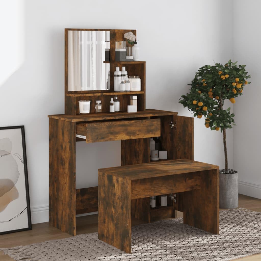 AJJHUUKI Armoires et meubles de rangement - Coiffeuse pour chambre à coucher - Coiffeuse avec miroir - Chêne fumé - 86,5 x 35 x 136 cm