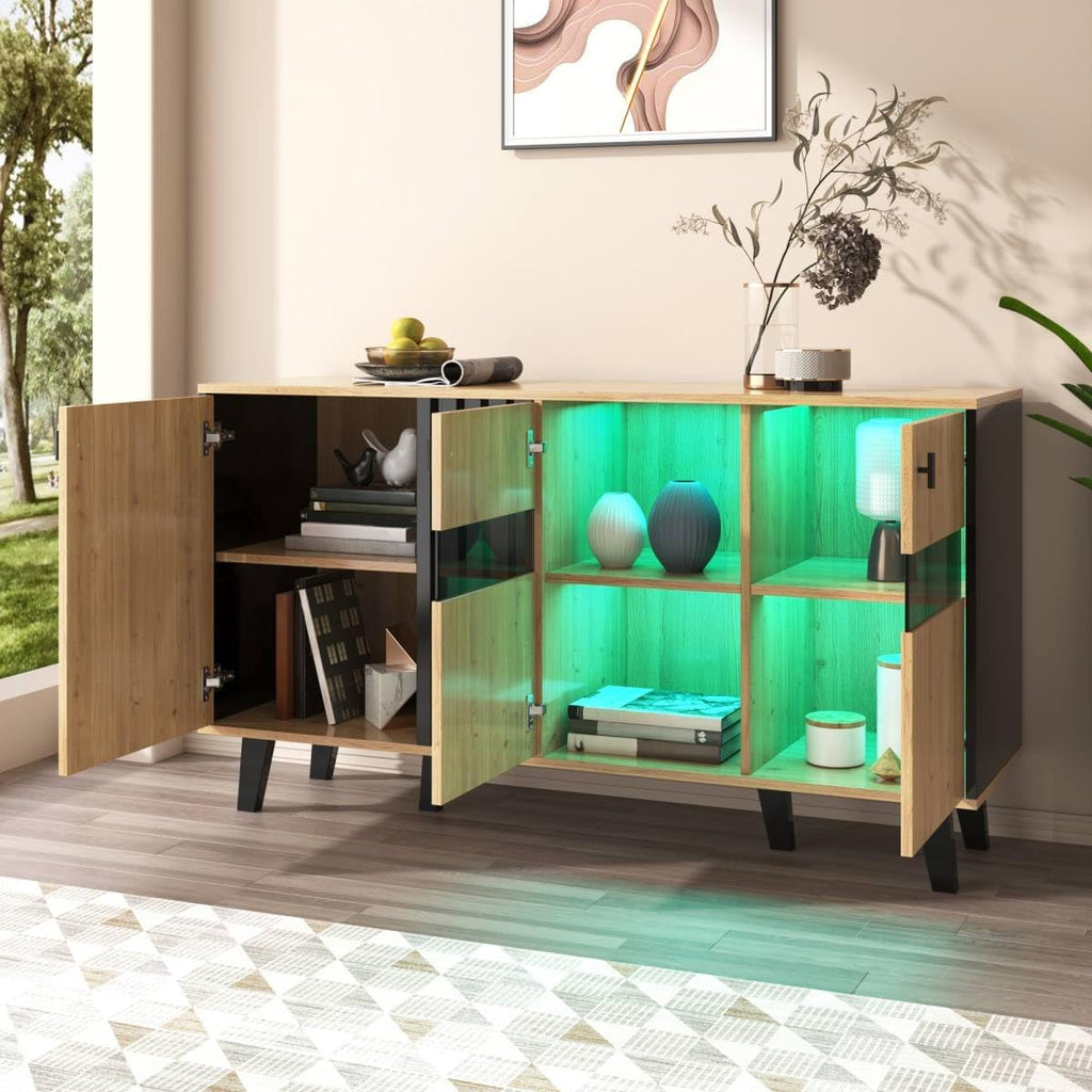 Sweiko Buffet, commode pour salon avec éclairage LED et verre, placard de cuisine avec 3 portes, en bois et noir, buffet pour salle à manger, entrée et couloir (Noir et Naturel)
