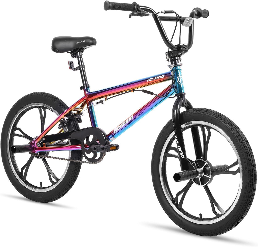 HILAND Vélo BMX 20 Pouces, 5 Rayons, Rotor 360°, Freestyle, 4 pegs, Convient aux Jeunes pour l'entraînement et Les Cascades, Couleur