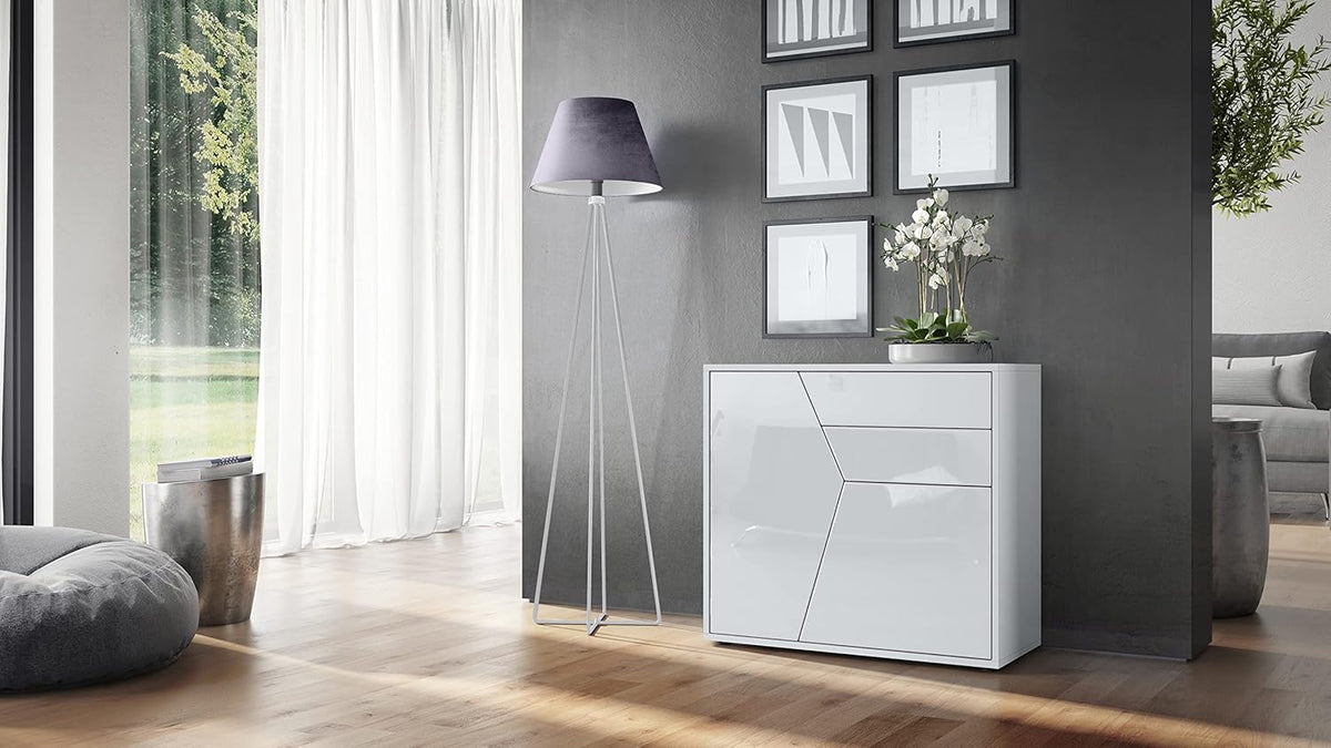 Vladon Buffet Benny, Commode avec 2 Portes et 2 tiroirs, Blanc Mat/Blanc Haute Brillance (79 x 74 x 36 cm)