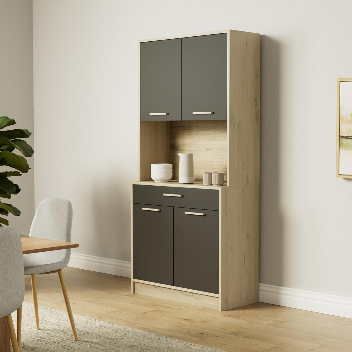 Buffet Industriel 4 Portes 1 Tiroir 1 Grande Niche Résistant à l'eau et Idéal Micro-Onde - Coloris Bois Clair et Noir - 83,3x40x176,1 cm