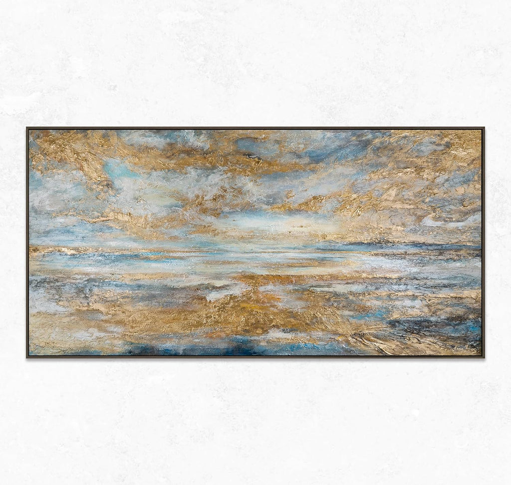 YS-Art Tableau fait à la main dans un cadre Baie d'or Paysage marin aube sur l'océan tons bleus et or Peinture abstraite Décoration 120x60 cm