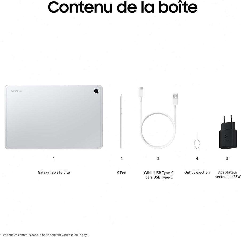 Tab S10 Lite, 10.9", Wi-Fi, 128Go, Tablette Android, S Pen Inclus, Argent, Chargeur Secteur Rapide 25W Inclus, Version FR
