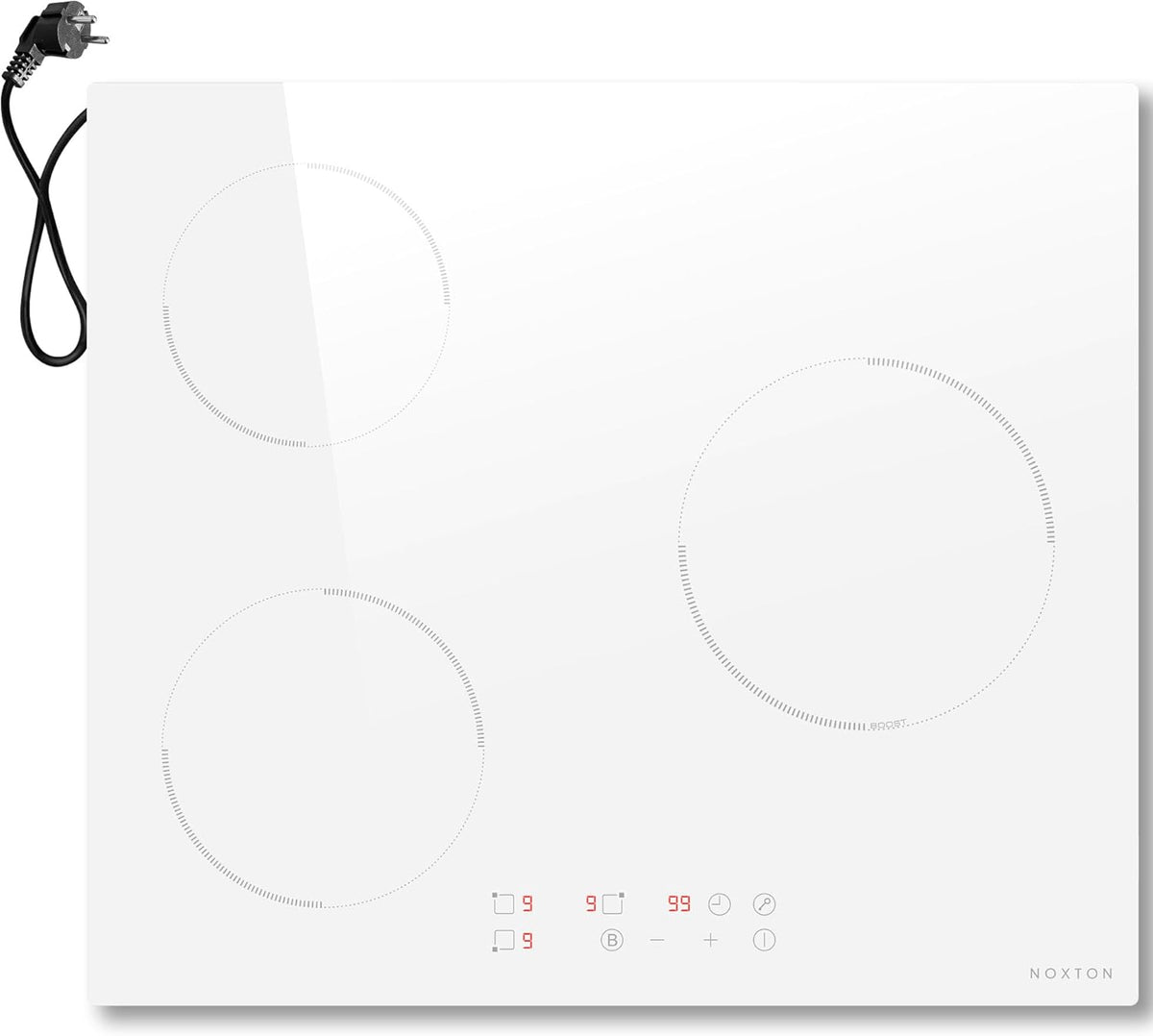 NOXTON Plaque à induction, 3 plaques blanche, 60 cm, encastrable avec commande tactile, booster, minuterie, sécurité enfant, 220 V-240 V, 3500 W, avec prise