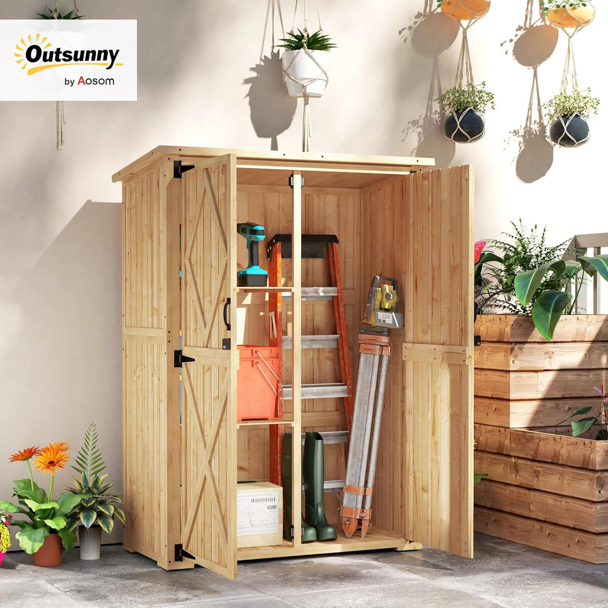 Outsunny Armoire de jardin en bois, abri de jardin avec double porte verrouillable, toit en asphalte, étagère 116,5x57x167cm, résistant aux intempéries, abri de jardin pour le jardin, la terrasse,