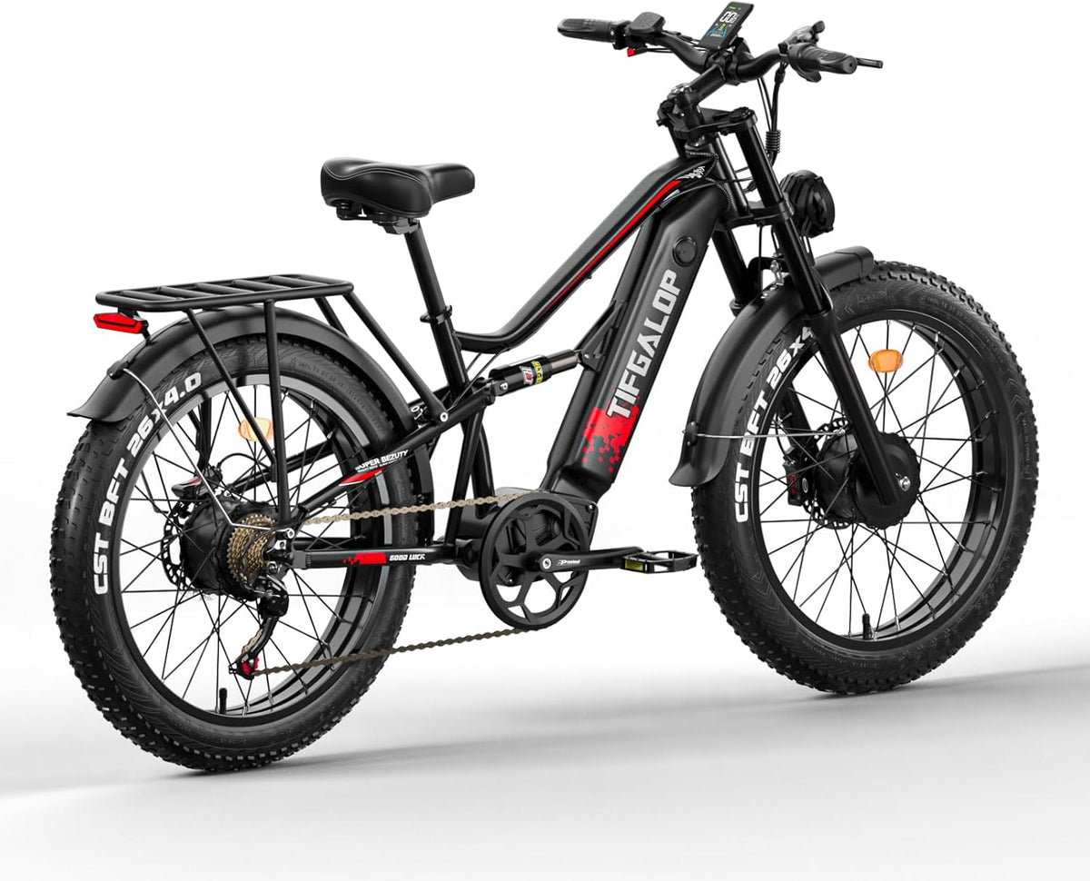 tifgalop Vélo électrique Adulte, vélo électrique Tout-Terrain de 26 Pouces, Double amortisseurs, 7 Vitesses, Batterie au Lithium 52V 19Ah/21Ah, autonomie de croisière jusqu'à 40-90Km
