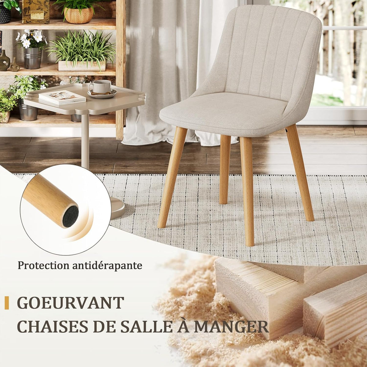 Goeurvant Lot de 6 Chaise Beige Salle a Manger Pieds Bois Chaises de Salon Chaises de Cuisine en Polyester avec Dossier pour Salon