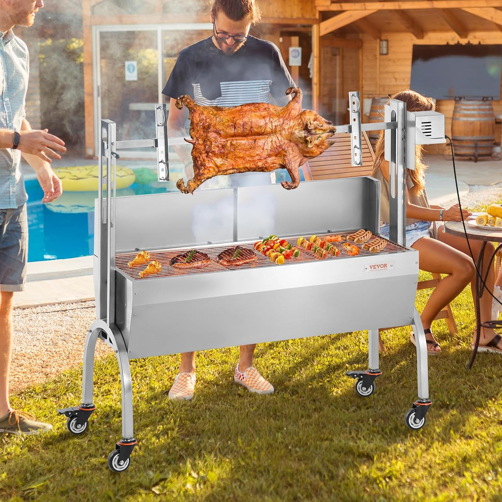VEVOR Barbecue à Charbon avec Tournebroche Électrique 52 W Charge 90 kg, Rôtissoire Barbecue 118,5 cm, en Inox, avec Pare-Brise et Roues Verrouillables, pour Rôtir Agneau Porcelet Poulet Camping