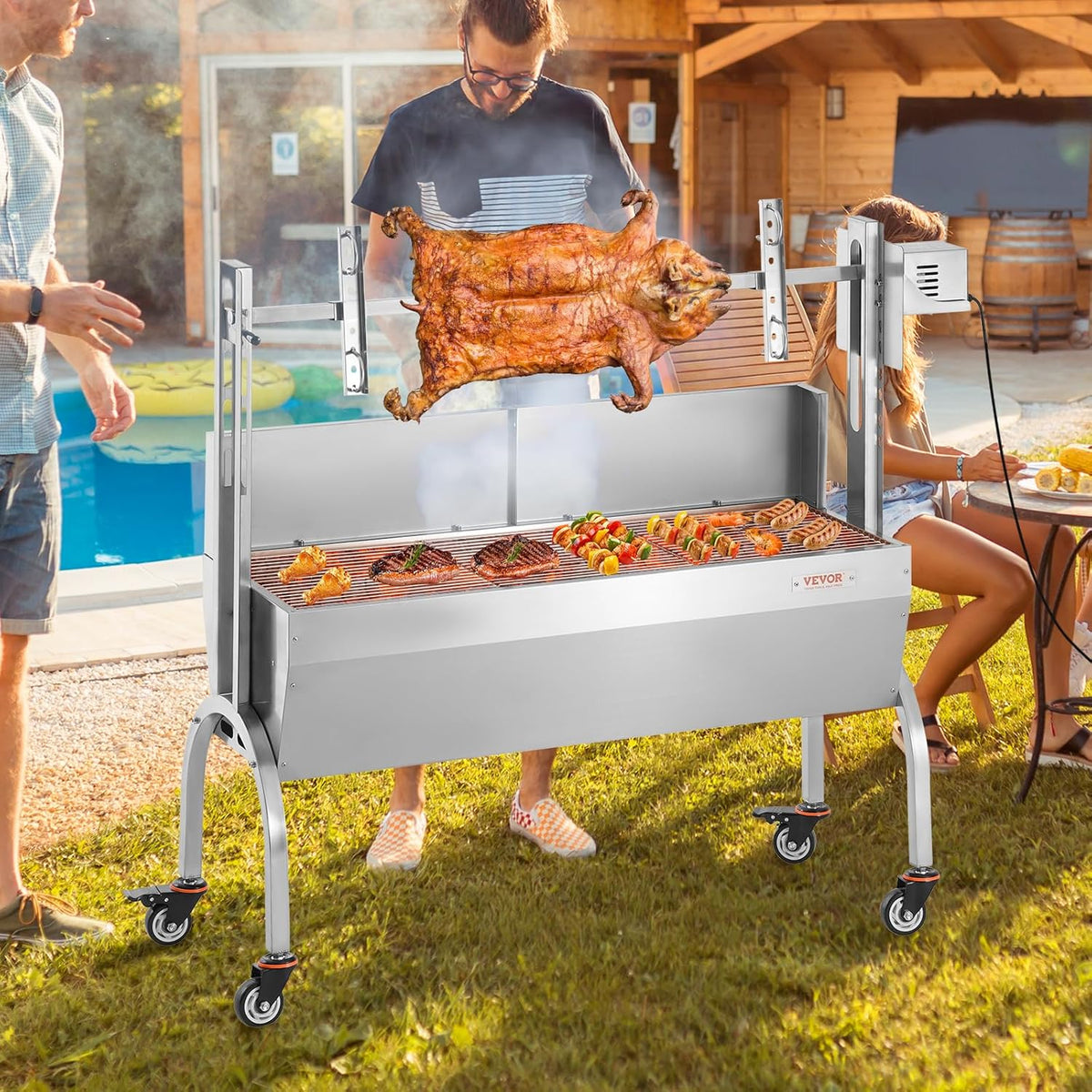 VEVOR Barbecue à Charbon avec Tournebroche Électrique 52 W Charge 90 kg, Rôtissoire Barbecue 118,5 cm, en Inox, avec Pare-Brise et Roues Verrouillables, pour Rôtir Agneau Porcelet Poulet Camping