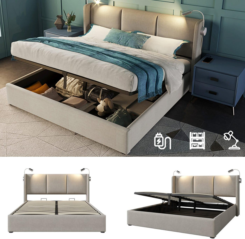 Sweiko Rembourré Cadre de Lit 140x200 cm avec éclairage LED sommier et Rangement à Lattes,USB Chargement, Linen sans Matelas