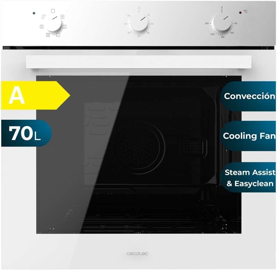 Cecotec Four Encastrable Multifonctions Bolero Hexa M236000 Glass White Time A. 70L, 6 Fonctions,Minuterie,classe A, 2800W, Steam Base XXL, Steam Assist, Cooling Fan, Defrost, Convection,Triple Glass