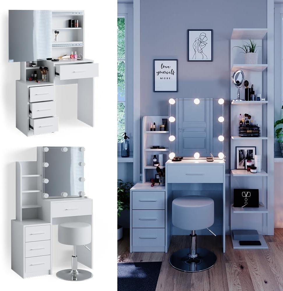 Vicco Coiffeuse Conrada, Blanc, 80cm avec éclairage LED et Tabouret