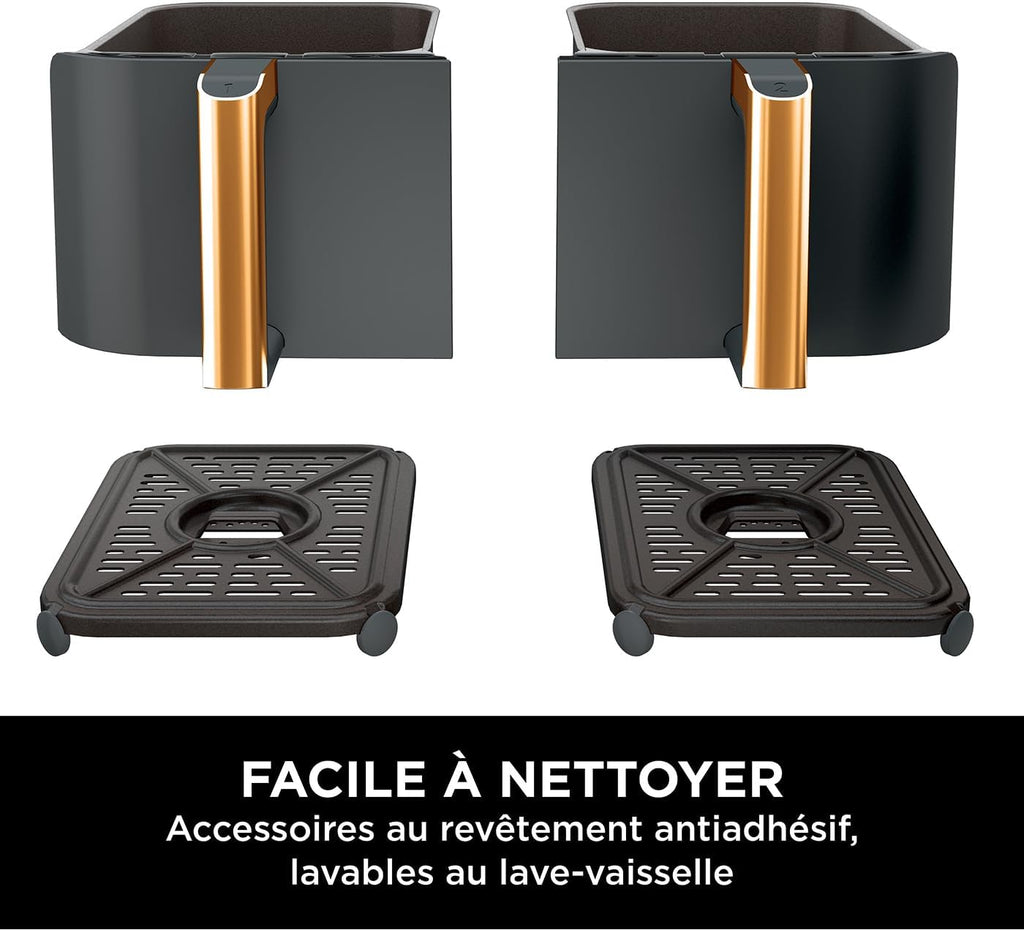 NINJA Foodi MAX Dual Zone Air Fryer, 2 Tiroirs, 9,5L, 6-en-1, Sans Huile, Air Fry, Max Crisp, Rôtir, Cuire, Paniers Antiadhésifs Lavables Au Lave-Vaisselle, Cuivre/Noir AF400EUCP