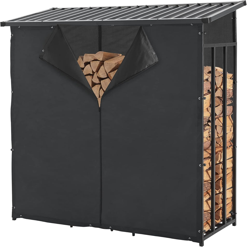 casa.pro Abri-Bûches Couvert avec Housse de Protection Support Bois de Chauffage Range-Bûches pour Stockage Extérieur Acier Galvanisé Laqué Polyester Métal Noir