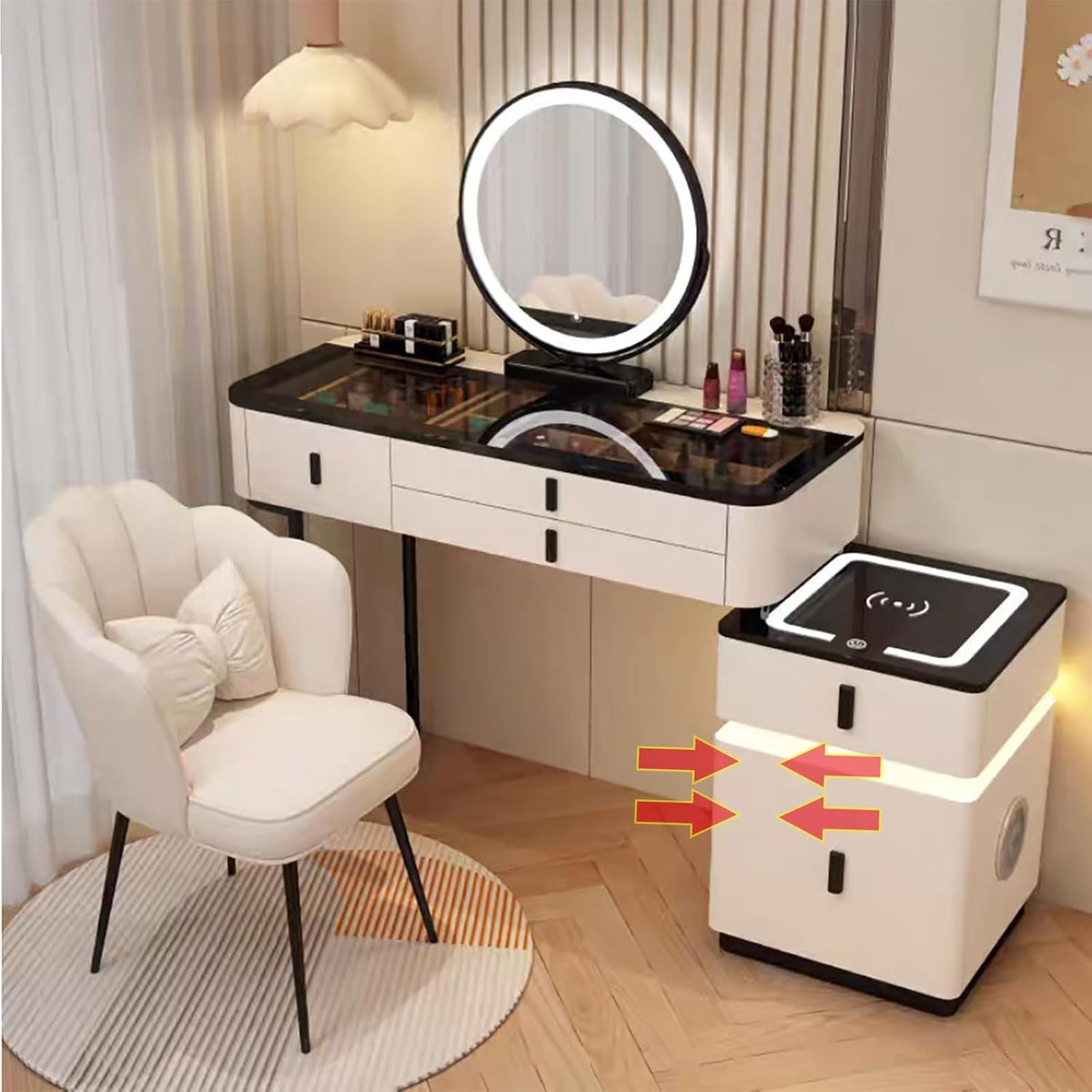 Generisch Ensemble de coiffeuse avec lumières LED, table de maquillage avec 5 tiroirs, station de charge sans fil et haut-parleur Bluetooth, chaise pour chambre à coucher filles femmes Blanc-noir