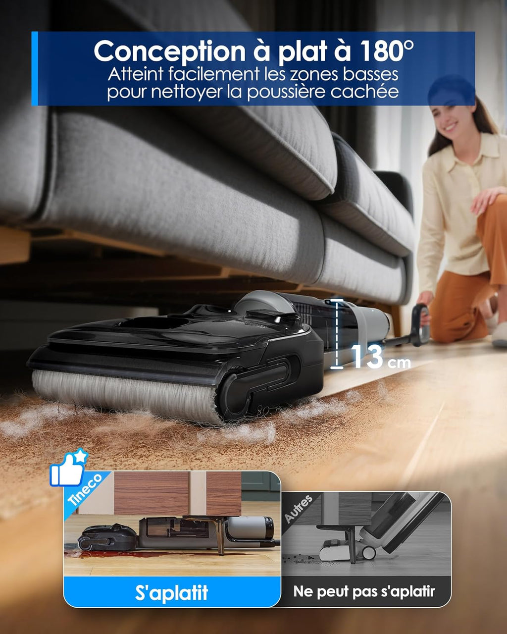 Tineco Floor One i5 Stretch Aspirateur Laveur, Aspirateur Sec et Humide, Aspiration Puissante 20 kPa, portée à Plat 180°, Nettoyage Deux Bords, 30 Min d'autonomie, Réservoirs d'eau Grande Capacité