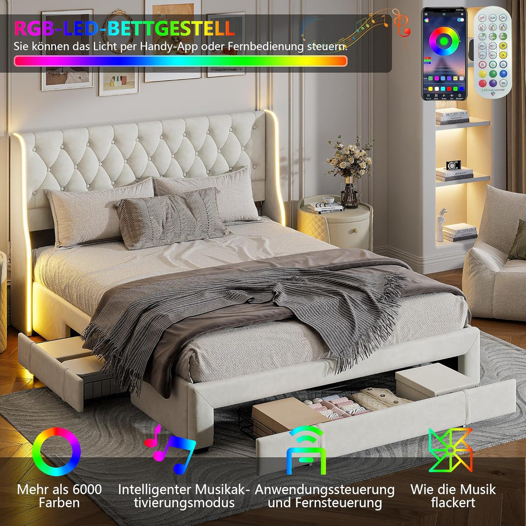 Callicarpa Cadre de Lit avec Tiroirs de Rangement, Lits LED 160 X 200, Lit Deux Place, lit Double, Lits et Cadre de Lit pour Adulte, Beige
