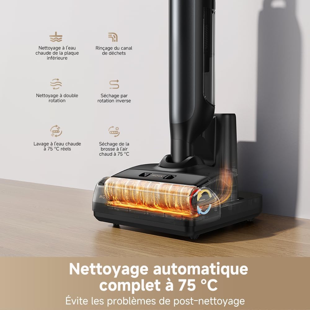 Mova M10 Aspirateur eau et poussière, portée à plat de 180°, flexible et pivotant à 90°, poids de 0,9 kg en main, lavage de brosse 75 °C + séchage air chaud 5 min, anti-anchevêtrement,aspiration 18kPa