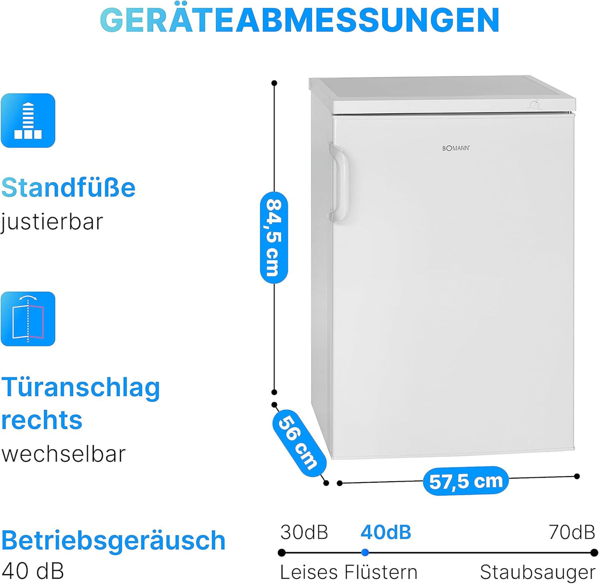 Congélateur 85L blanc Bomann GS2196-1-blanc, Volume net : 85 litres, pose libre, Éclairage intérieur à LED, Température réglable, silencieux, economiquecongélateur Autoportante D