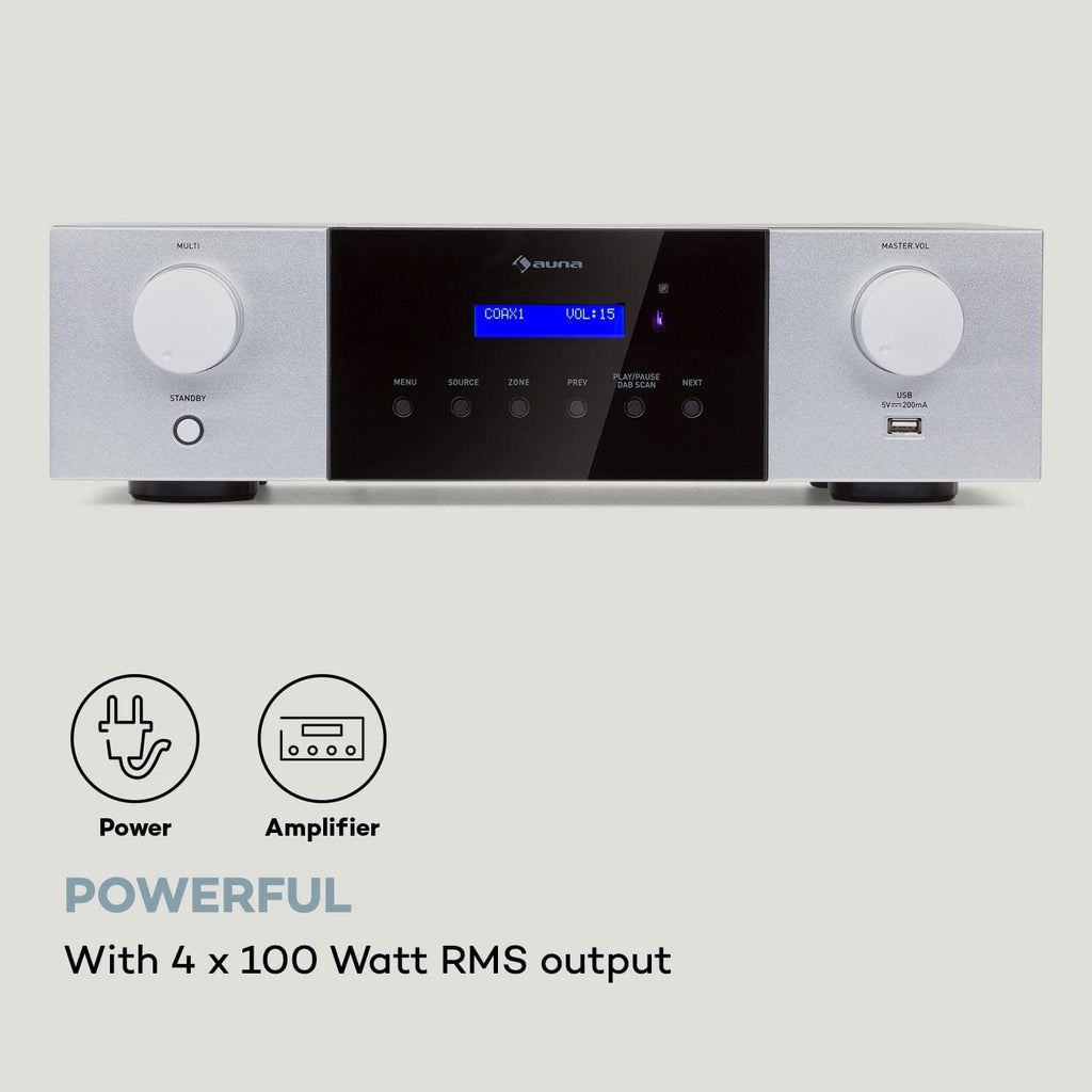 AUNA AMP-4000 Radio DAB+, Amplificateur Stéréo HiFi avec Télécommande USB, Écran LED, Noir et Blanc
