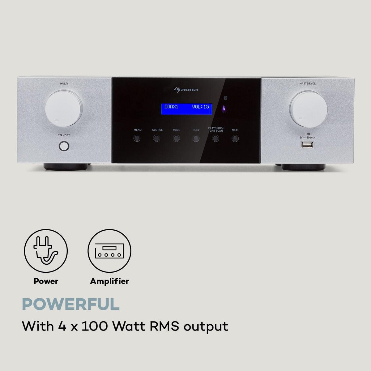 AUNA AMP-4000 Radio DAB+, Amplificateur Stéréo HiFi avec Télécommande USB, Écran LED, Noir et Blanc