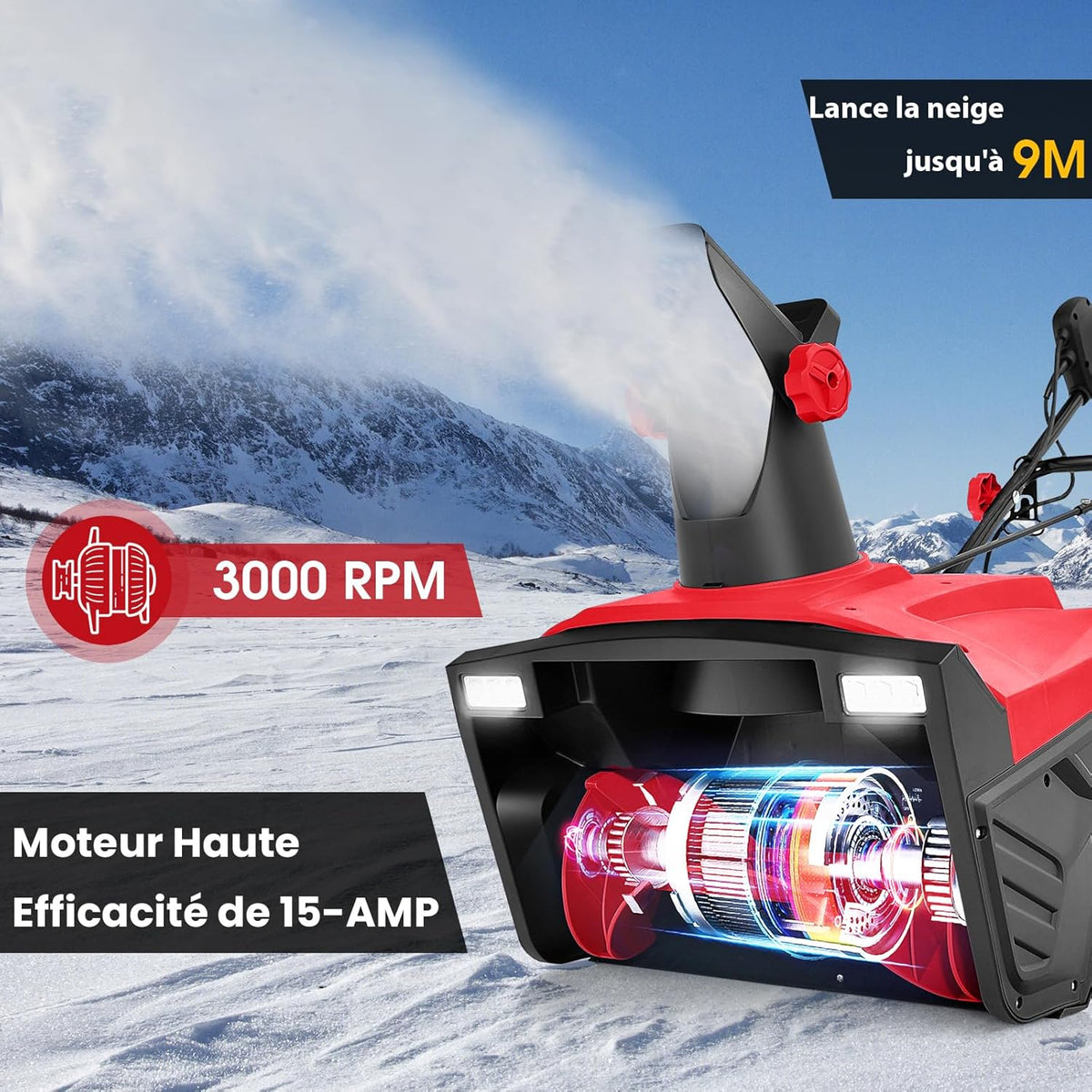 GYMAX Déneigeuse Électrique avec Lumières, Lame 50x25cm, Vitesse 3000rpm, Distance de Jet de Neige 9 m, Goulotte d'Éjection Réglable, Fraise à Neige à Brancher