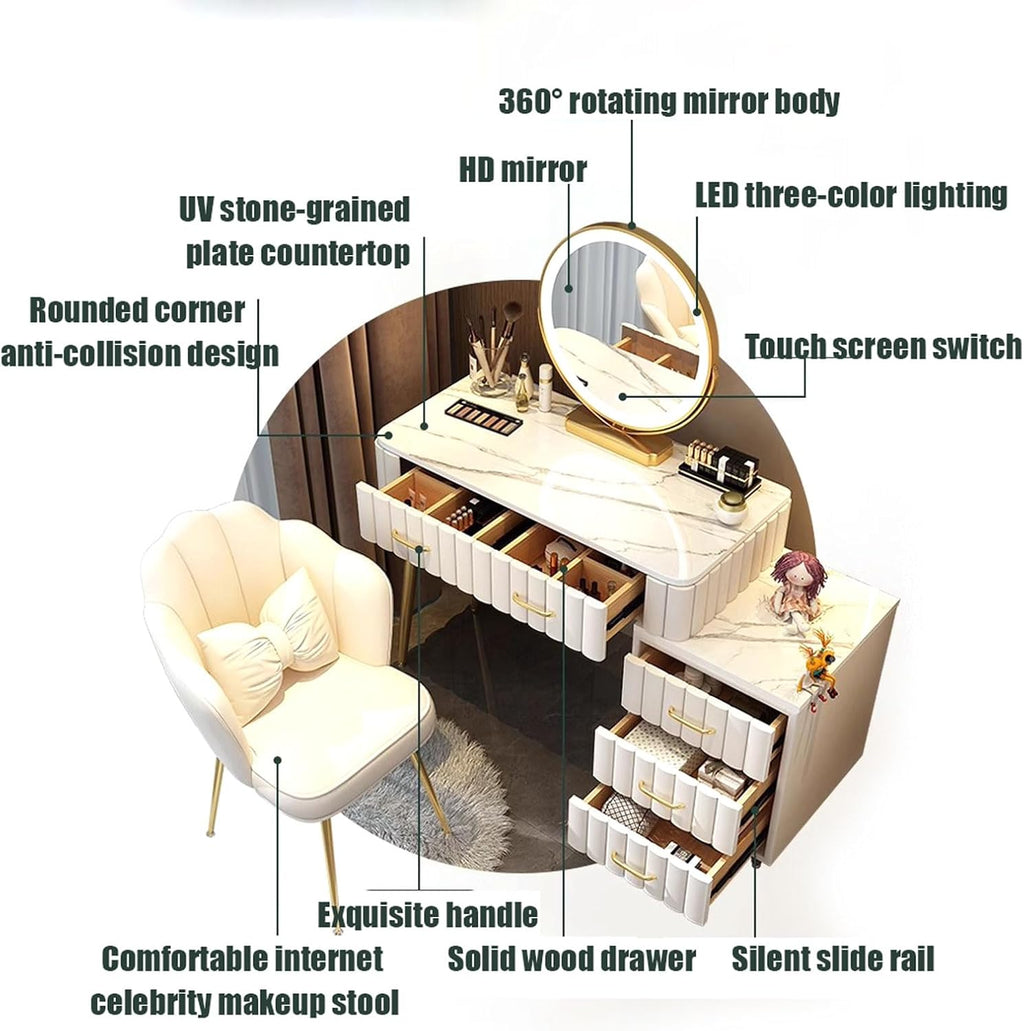 Coiffeuse avec Miroir LED, Bureau de Maquillage avec Tiroirs Armoire Rangement, Table de Maquillage avec Chaise en Velours Commode de Chambre Moderne