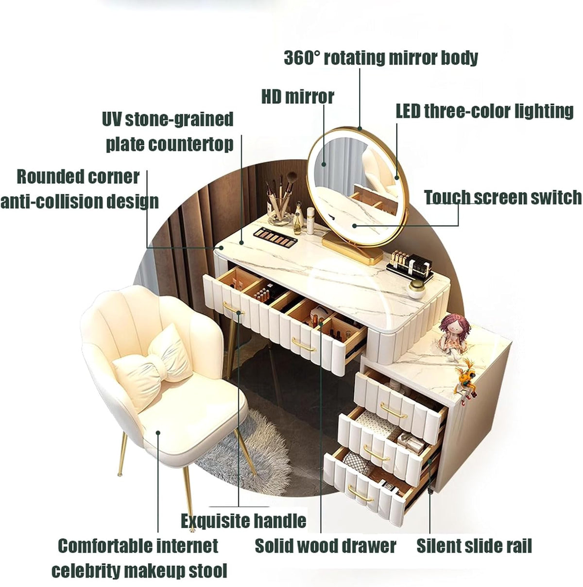 Coiffeuse avec Miroir LED, Bureau de Maquillage avec Tiroirs Armoire Rangement, Table de Maquillage avec Chaise en Velours Commode de Chambre Moderne