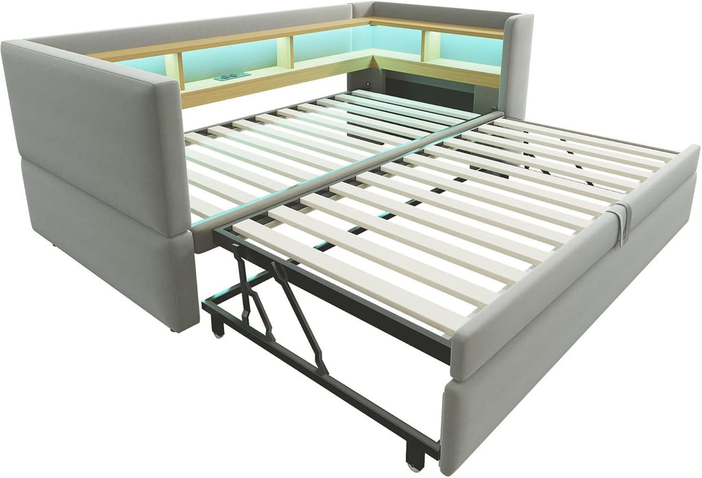 Canapé lit 90x190, Canapé Convertible avec LED et USB, lit 2 Personnes 90/180x190 avec lit gigogne et Plusieurs Compartiments de Rangement, Meuble Salon Gris Clair (sans Matelas)