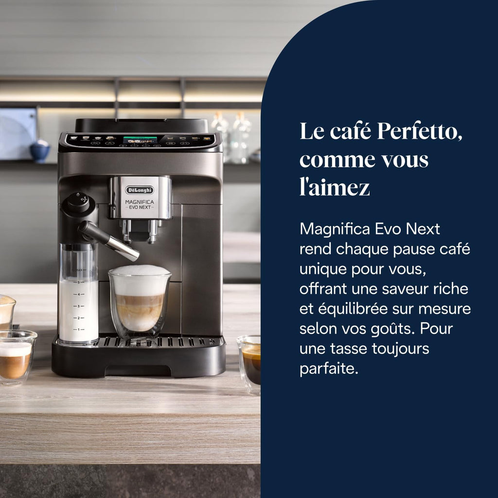 De’Longhi Magnifica Evo Next - Perfetto Machine à Café Automatique avec LatteCrema Mousseur à Lait Automatique, 13 Boissons en une Seule Touche, Écran Tactile Couleurs, Titane et Noir (ECAM312.80.TB)
