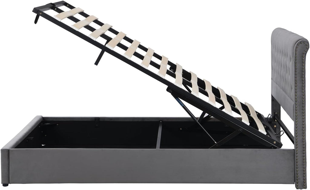 HYNHXBP Lit Double Rembourré 160x200cm, Lit Coffre avec sommier, Tête de lit en Forme d'oreiller et Espace de Rangement hydraulique, Velours Gris-B, 160 x 200 cm