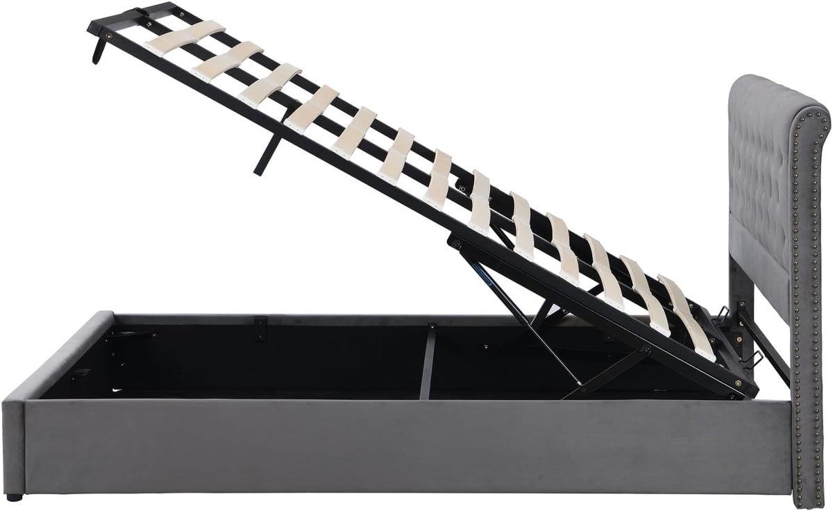HYNHXBP Lit Double Rembourré 160x200cm, Lit Coffre avec sommier, Tête de lit en Forme d'oreiller et Espace de Rangement hydraulique, Velours Gris-B, 160 x 200 cm