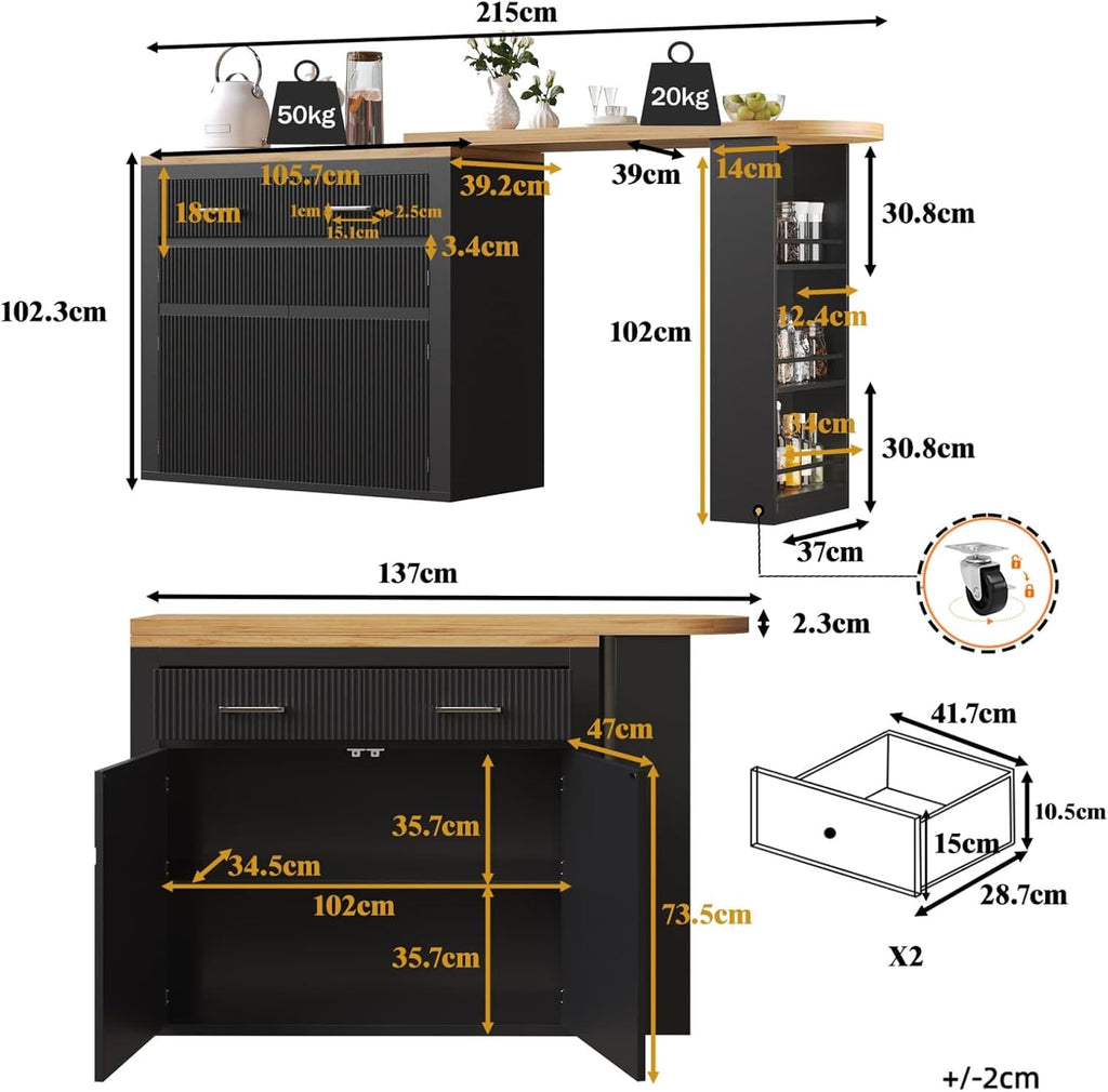 KOMHTOM Table de Bar Extensible avec Espace de Rangement, Meuble Bar avec 2 Portes en Verre, Rotation Libre à 360 °, étagères latérales (Noir-3)