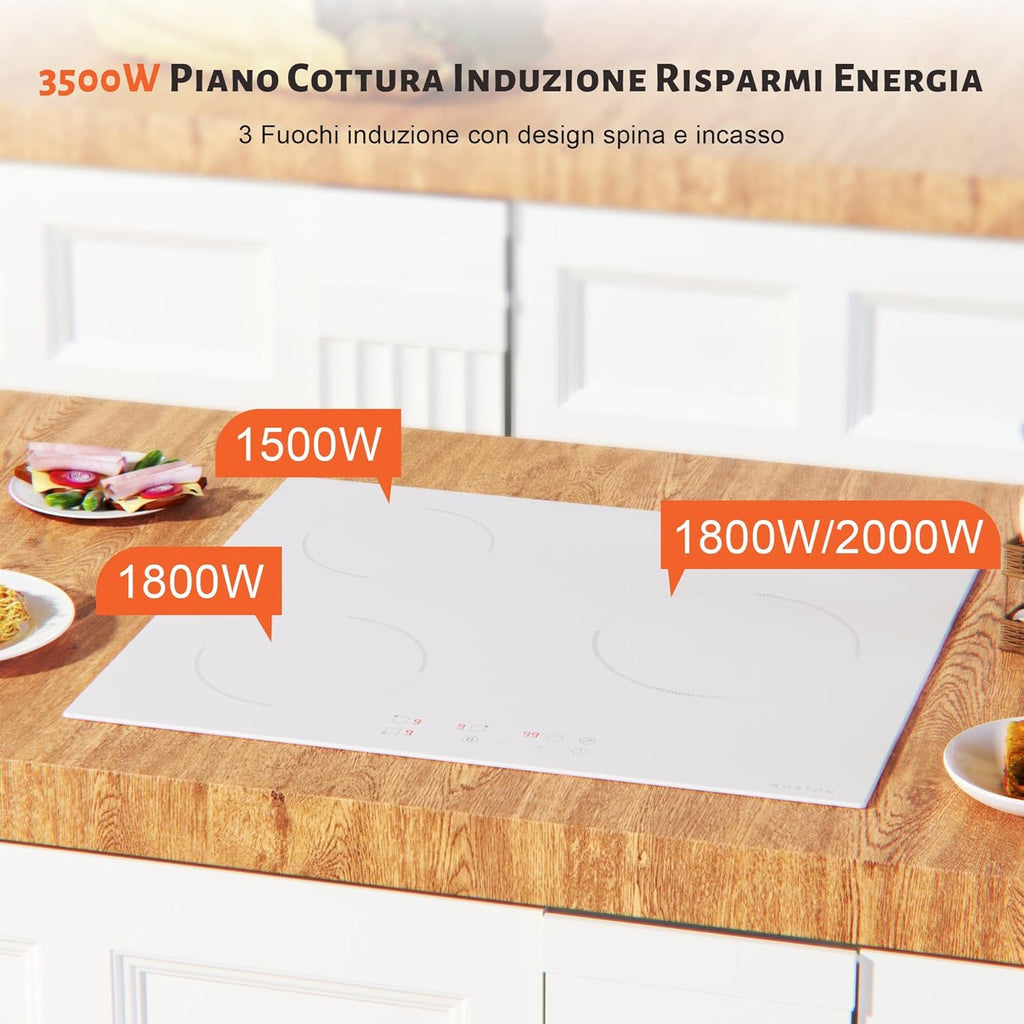 NOXTON Plaque à induction, 3 plaques blanche, 60 cm, encastrable avec commande tactile, booster, minuterie, sécurité enfant, 220 V-240 V, 3500 W, avec prise