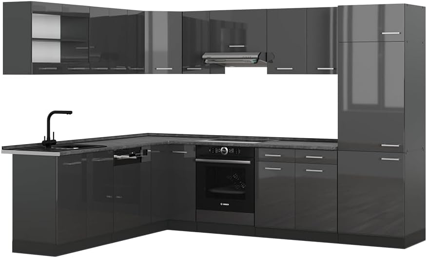 Vicco Cuisine en Angle R-Line, Anthracite Brillant/Anthracite, 227x287cm, PT Anthracite