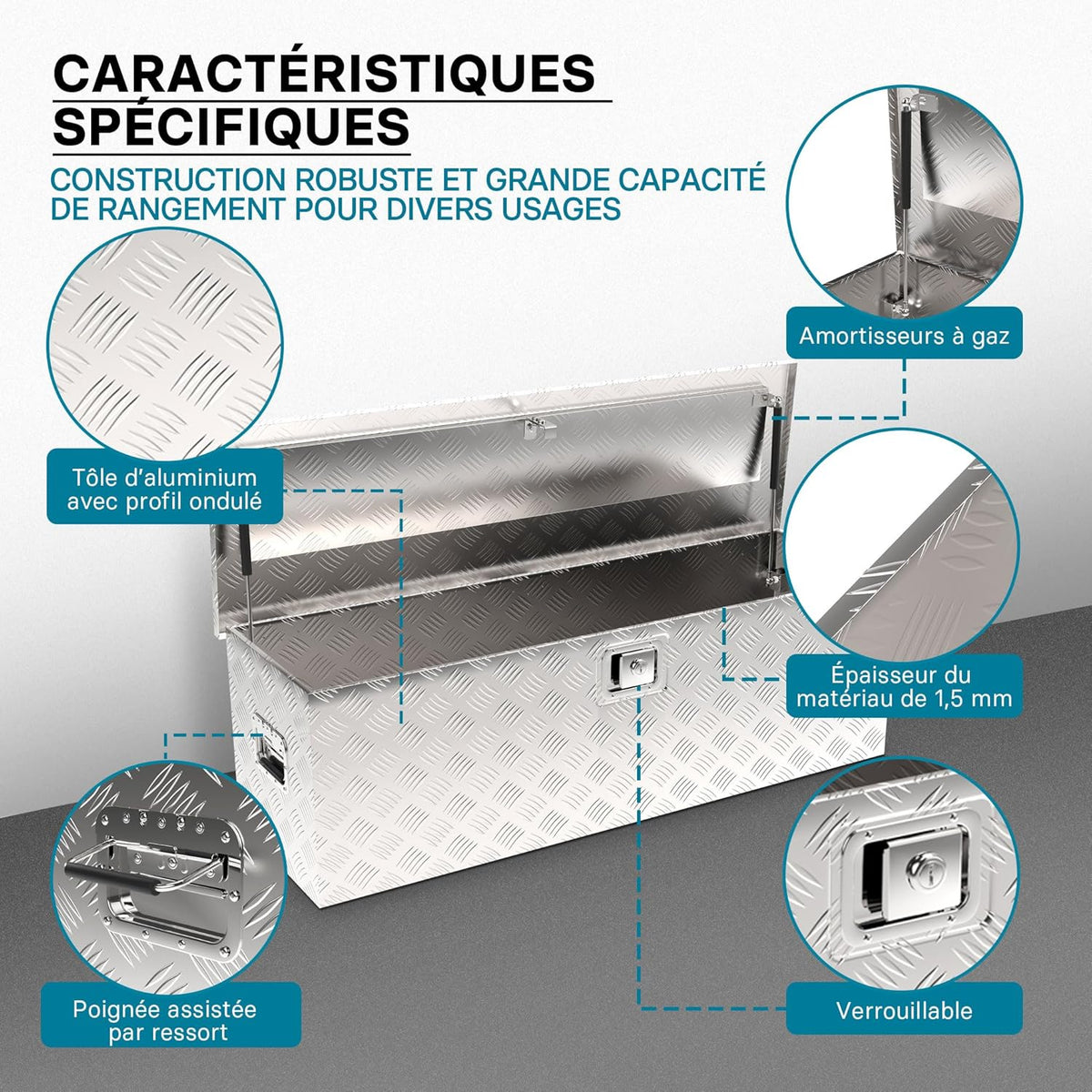 Wiltec Caisse à outils en aluminium – 124 x 37 x 38 cm – 170 litres – Boîte à outils alu ondulé – Vérins à gaz, poignées – Transport Rangement