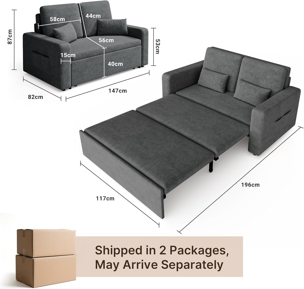 Xbro Canape lit 2 Places Convertible 147x196x87 cm, Canapé-lit 2 Places Extensible à 4 roulettes, Sofa-lit Moderne en Velours, Gris foncé