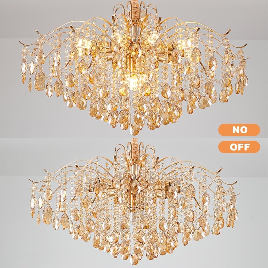 DOCJX Lustre Salon Moderne - Cristal Dimmable E14 Lampe Suspendue En Cristal K9 Avec Finition Dorée, Luminaire D'Intérieur Réglable Adapté Pour Lustre De Salle À Manger Et Chambre, Salon 60CM
