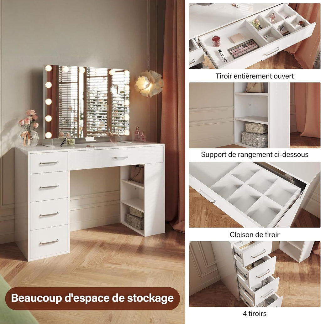 SIRHONA Coiffeuse sans Miroir, Table de Maquillage avec 5 Tiroirs Rangement, Table de Maquillage avec 6 Cloison,Blanc Bureau Coiffeuse, 120x40x77cm