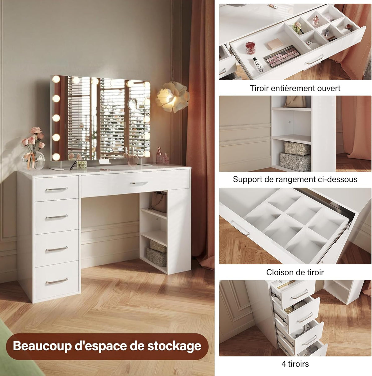 SIRHONA Coiffeuse sans Miroir, Table de Maquillage avec 5 Tiroirs Rangement, Table de Maquillage avec 6 Cloison,Blanc Bureau Coiffeuse, 120x40x77cm