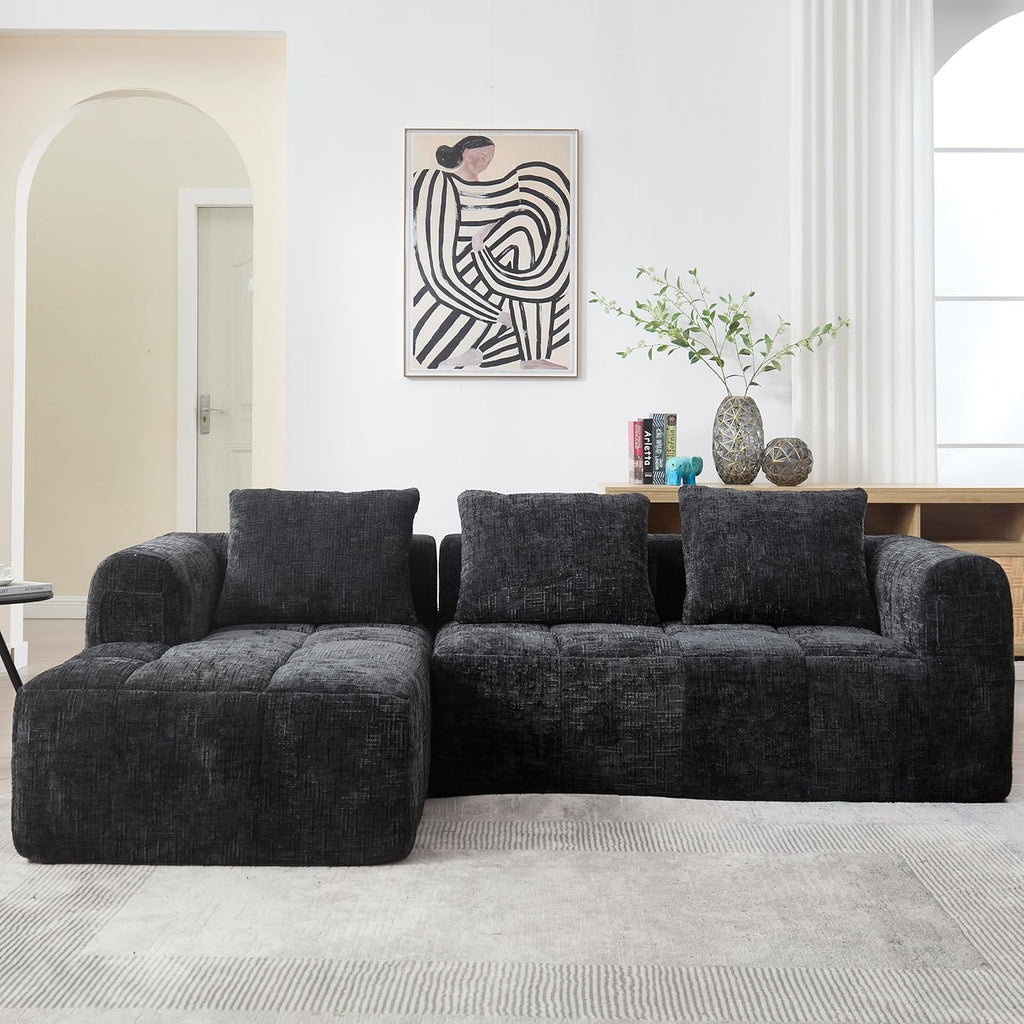Canapé en Forme de U, 3 Places avec Méridienne, Design Moderne Rembourré avec Accoudoirs et 3 Coussins, Chenille Noir