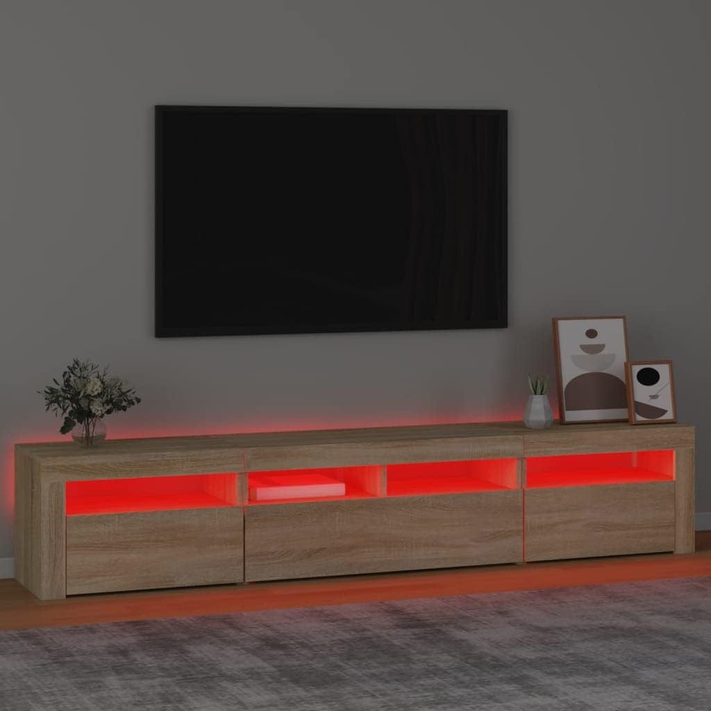 Mandloder Meuble TV avec lumières LED, chêne Sonoma, 220 cm de large, meuble multimédia pour salon, centre de divertissement avec espace de rangement