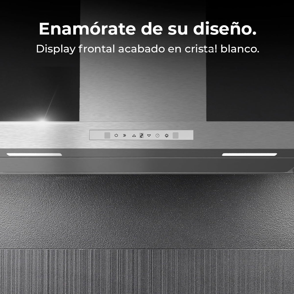 Cecotec Hotte aspirante Bolero Flux TT 908000. Hotte aspirante de 90 cm, inox, 800m3/h, moteur 210W, classe A++, écran tactile glass white, 3 niveaux, filtre charbon.