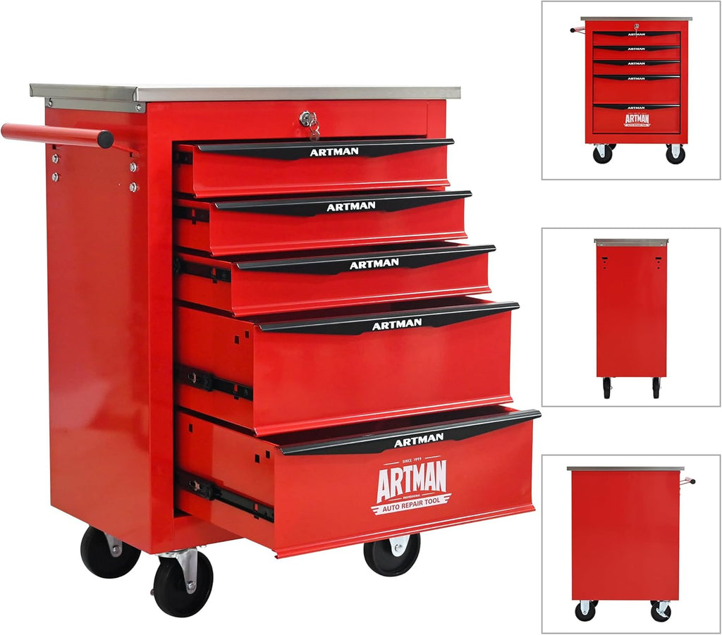 ELIHGTBY Servante d'Atelier Vide à 5 Tiroirs, Chariot d'Outils Robuste sur roulettes - Établi Mobile avec Verrouillage Centralisé, Armoire de Rangement pour Garage, Servante Atelier Rouge et Noir